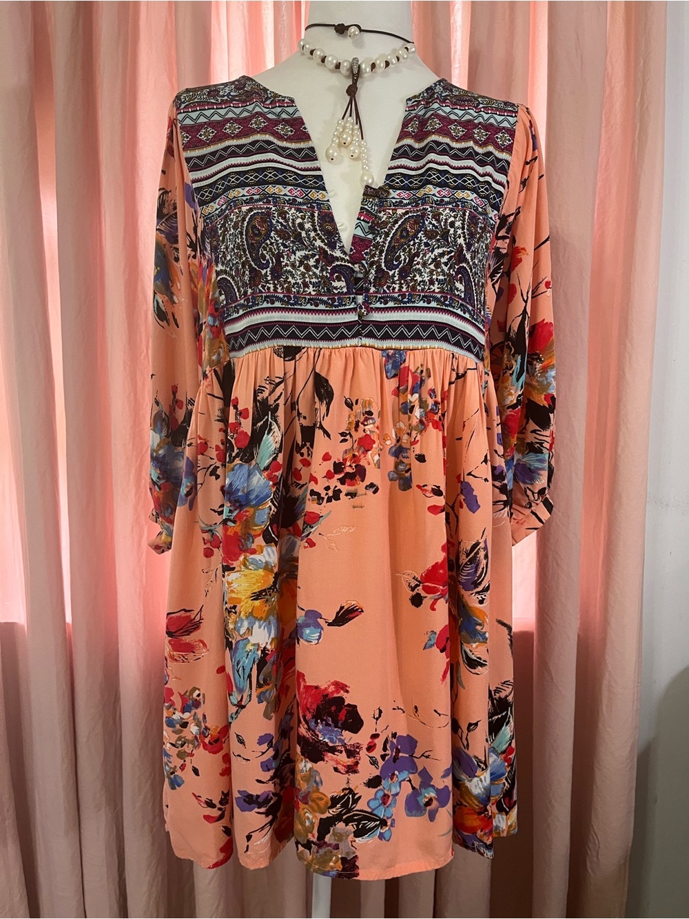 Umgee Peach Multi-Color Floral Boho Long Sleeve Dress